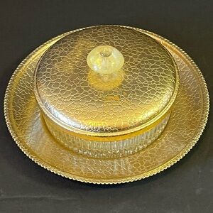 Art Deco Vanity Powder Trinket Jar Gold Textured Lid Tray Ribbed Vintage Handle